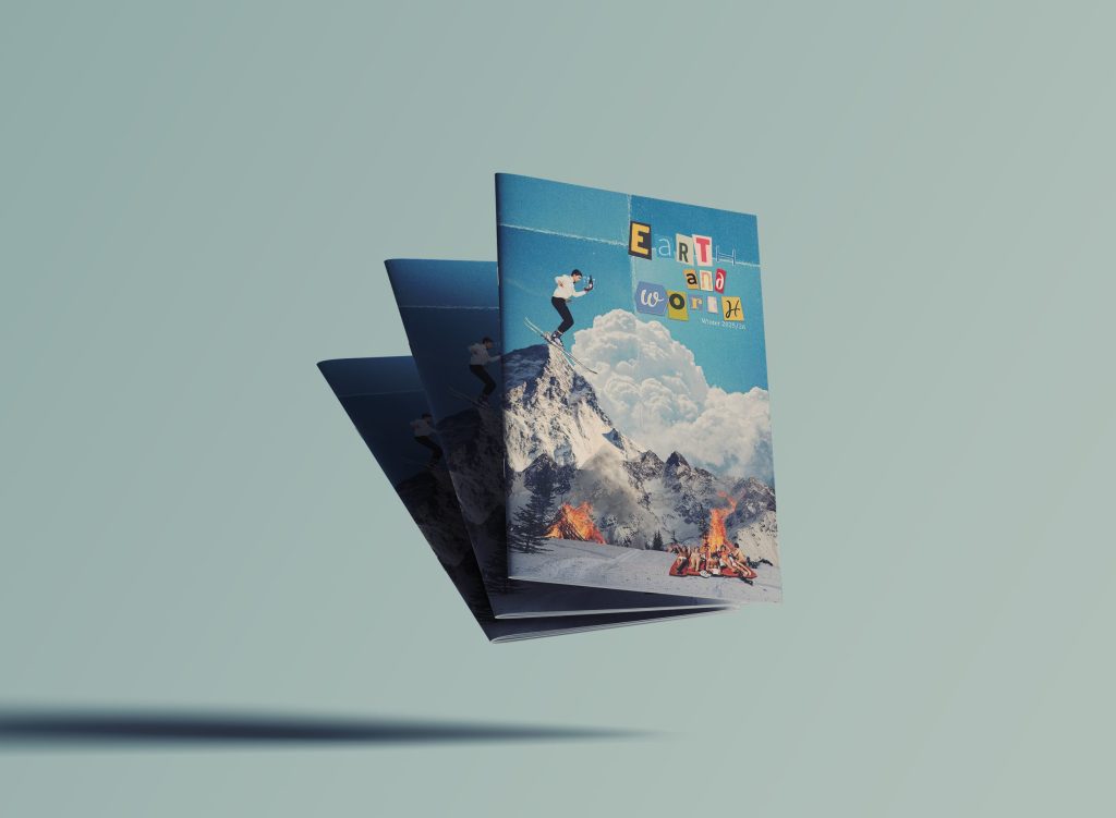 Earth and Worth Zine. A5. Bartender skiing down side of mountain. Sunbathers at bottom on snow with wildfire around them.