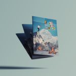 Earth and Worth Zine. A5. Bartender skiing down side of mountain. Sunbathers at bottom on snow with wildfire around them.
